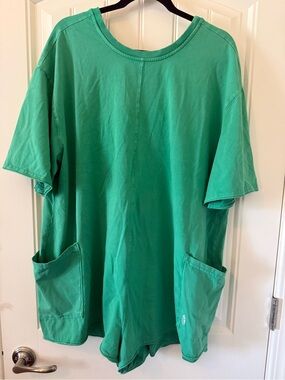 Free People Green Short-Sleeve Romper with Front Pockets